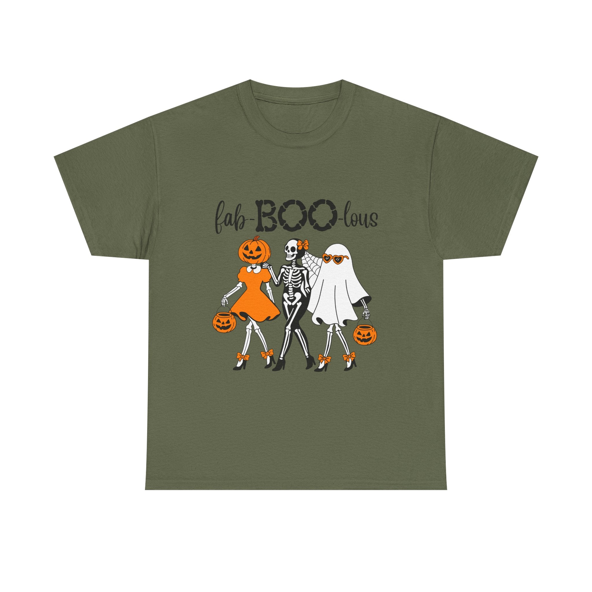Fab-BOO-lous Halloween Tee — Cute Skeleton, Pumpkin & Ghost Trio Shirt