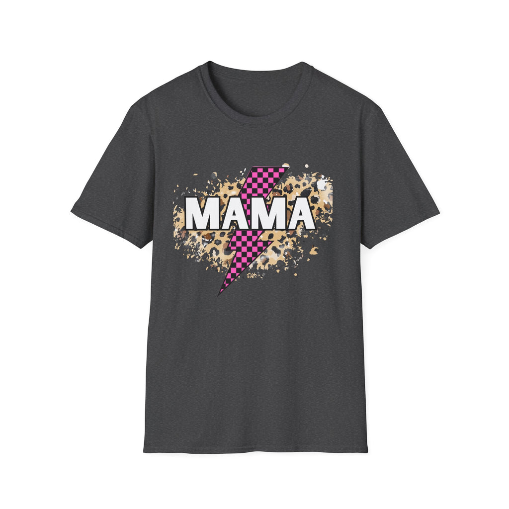 Mama Lightning Bolt Tee — Leopard & Pink Check Graphic T-Shirt for Moms