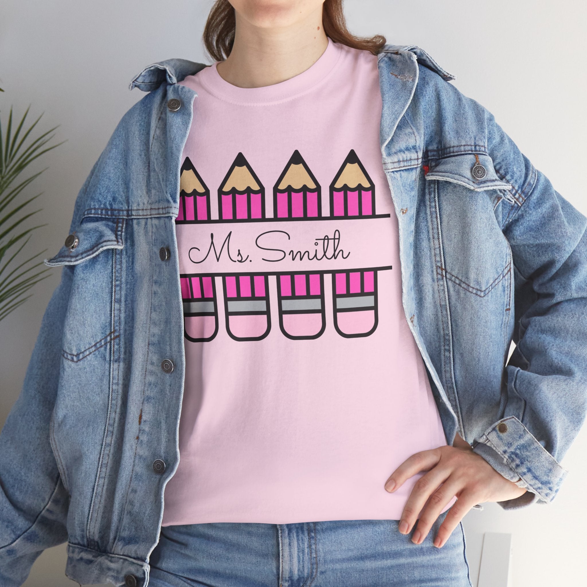 Pink Pencil Name Teacher Tee | Personalized Classroom Shirt