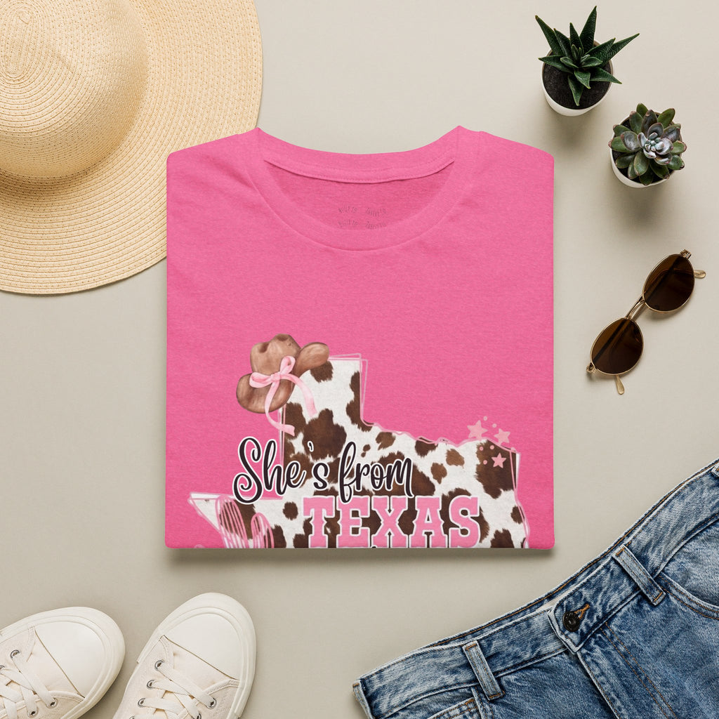 She’s From Texas Cowhide State T-Shirt — Pink Floral Lone Star Tee