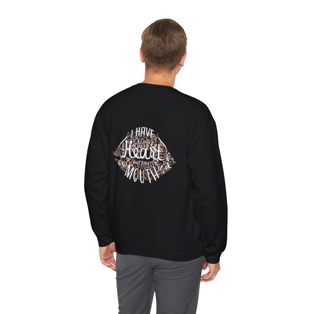 Kiss Graphic Sweatshirt — "I Have a Heart But This Mouth" Lip Print Crewneck