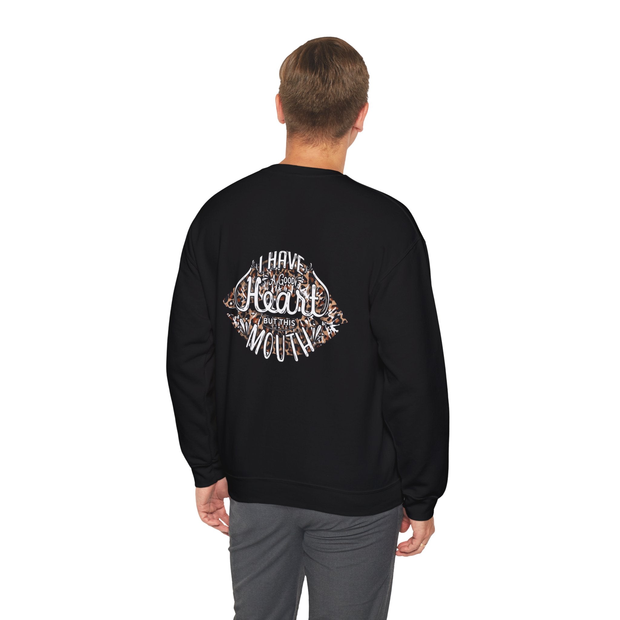 Kiss Graphic Sweatshirt — "I Have a Heart But This Mouth" Lip Print Crewneck