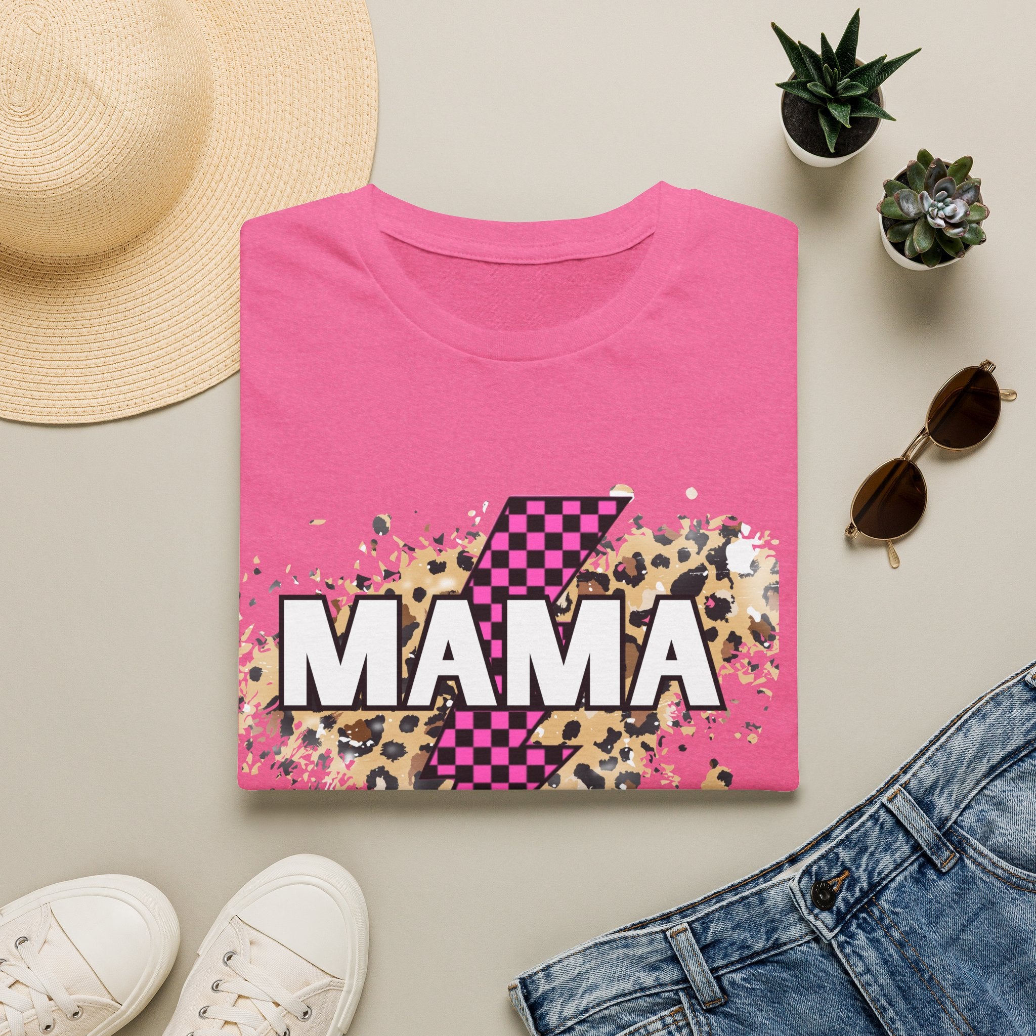 Mama Lightning Bolt Tee — Leopard & Pink Check Graphic T-Shirt for Moms