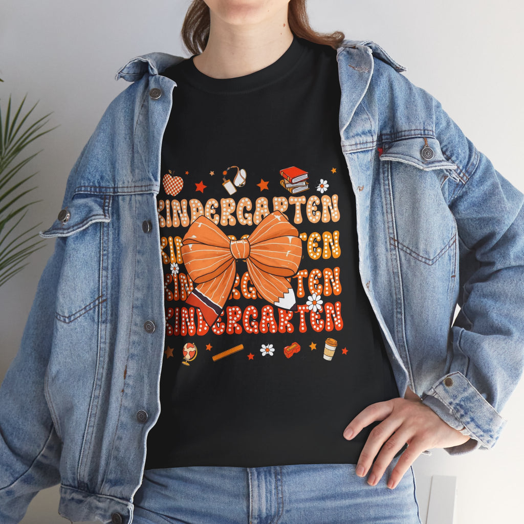Kindergarten Teacher Bow T-Shirt – Cute Back-to-School Shirt with Orange Bow