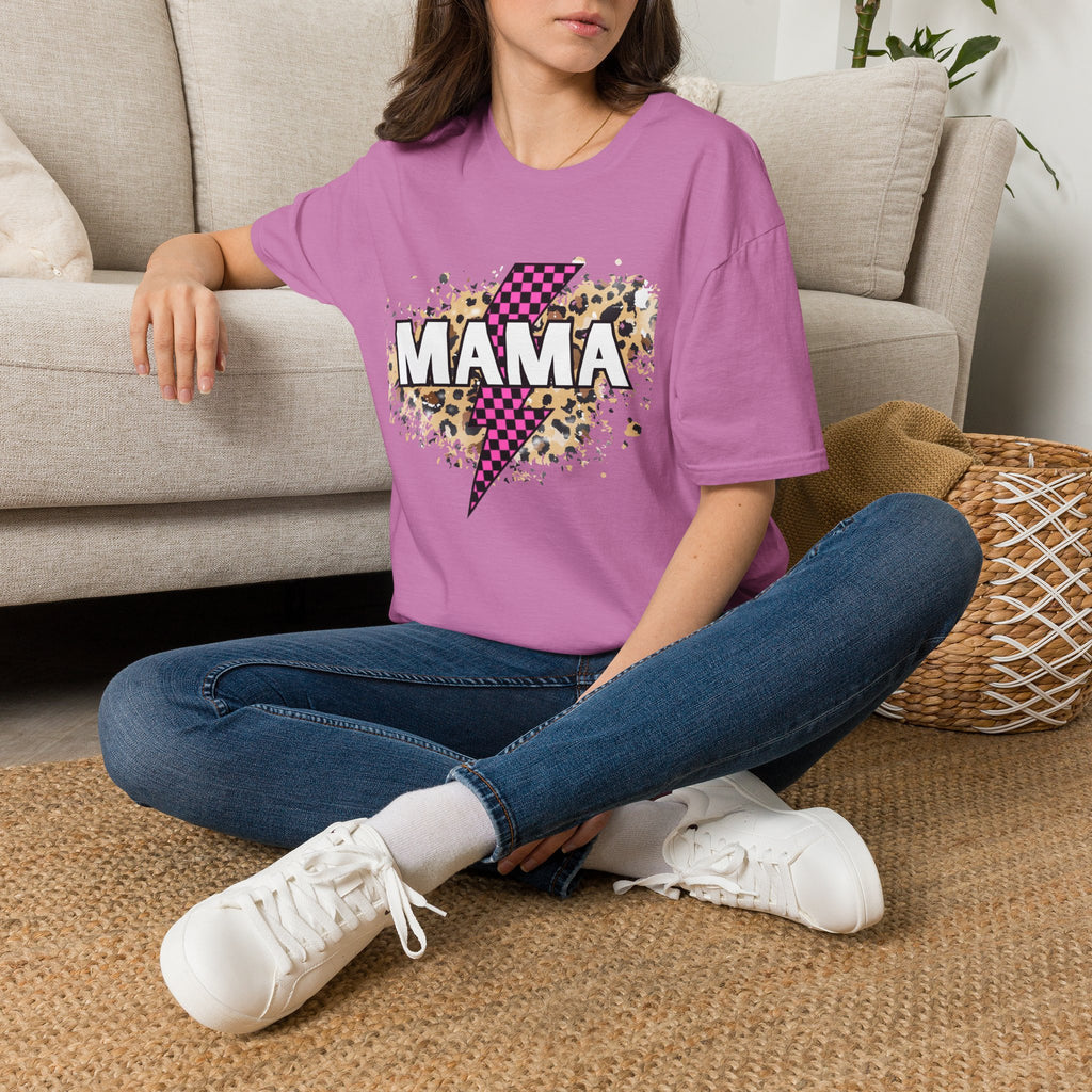 Mama Lightning Bolt Tee — Leopard & Pink Check Graphic T-Shirt for Moms