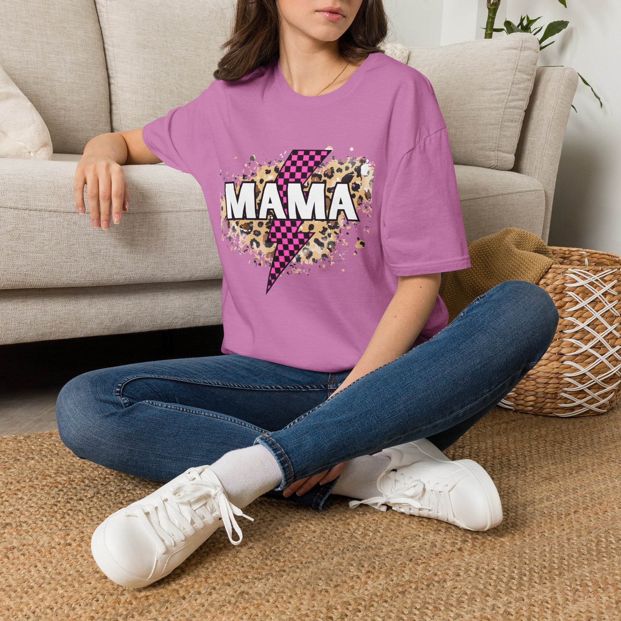 Mama Lightning Bolt Tee — Leopard & Pink Check Graphic T-Shirt for Moms