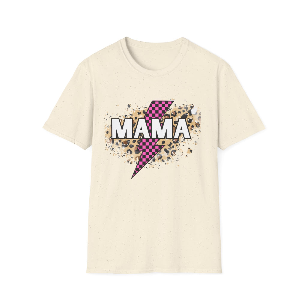 Mama Lightning Bolt Tee — Leopard & Pink Check Graphic T-Shirt for Moms