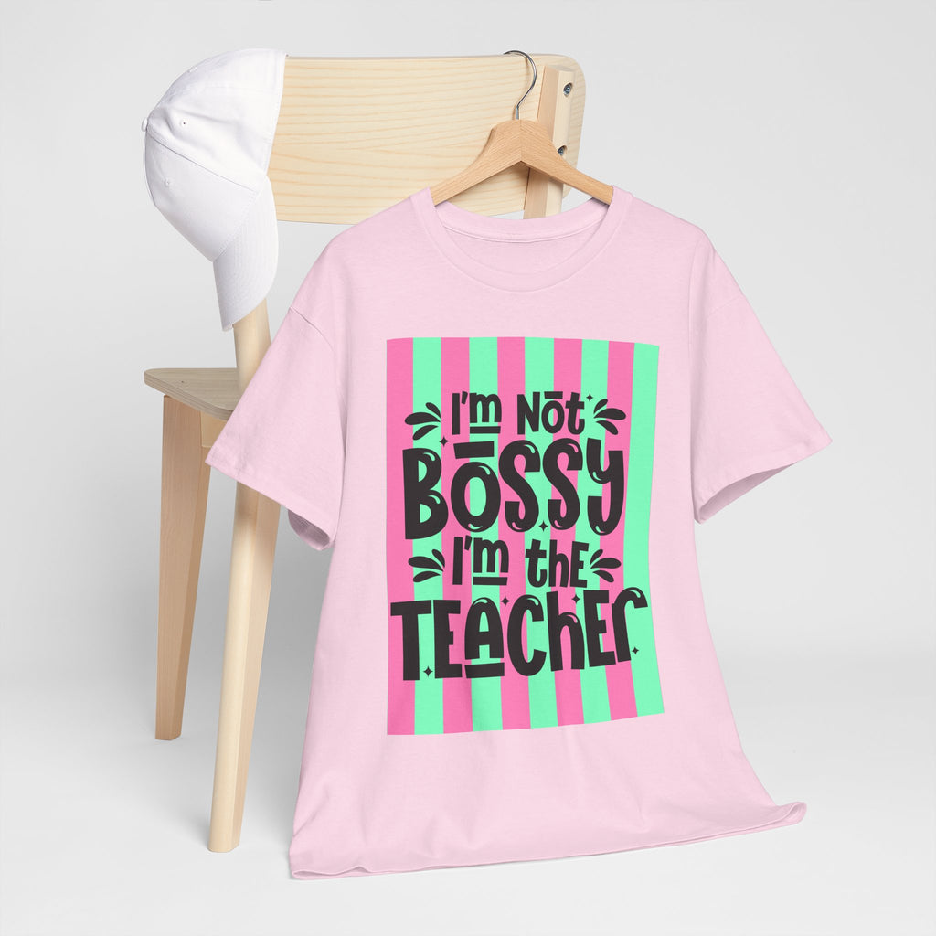 Teacher T-Shirt — "I’m Not Bossy, I’m the Teacher" Striped Pink & Mint Design
