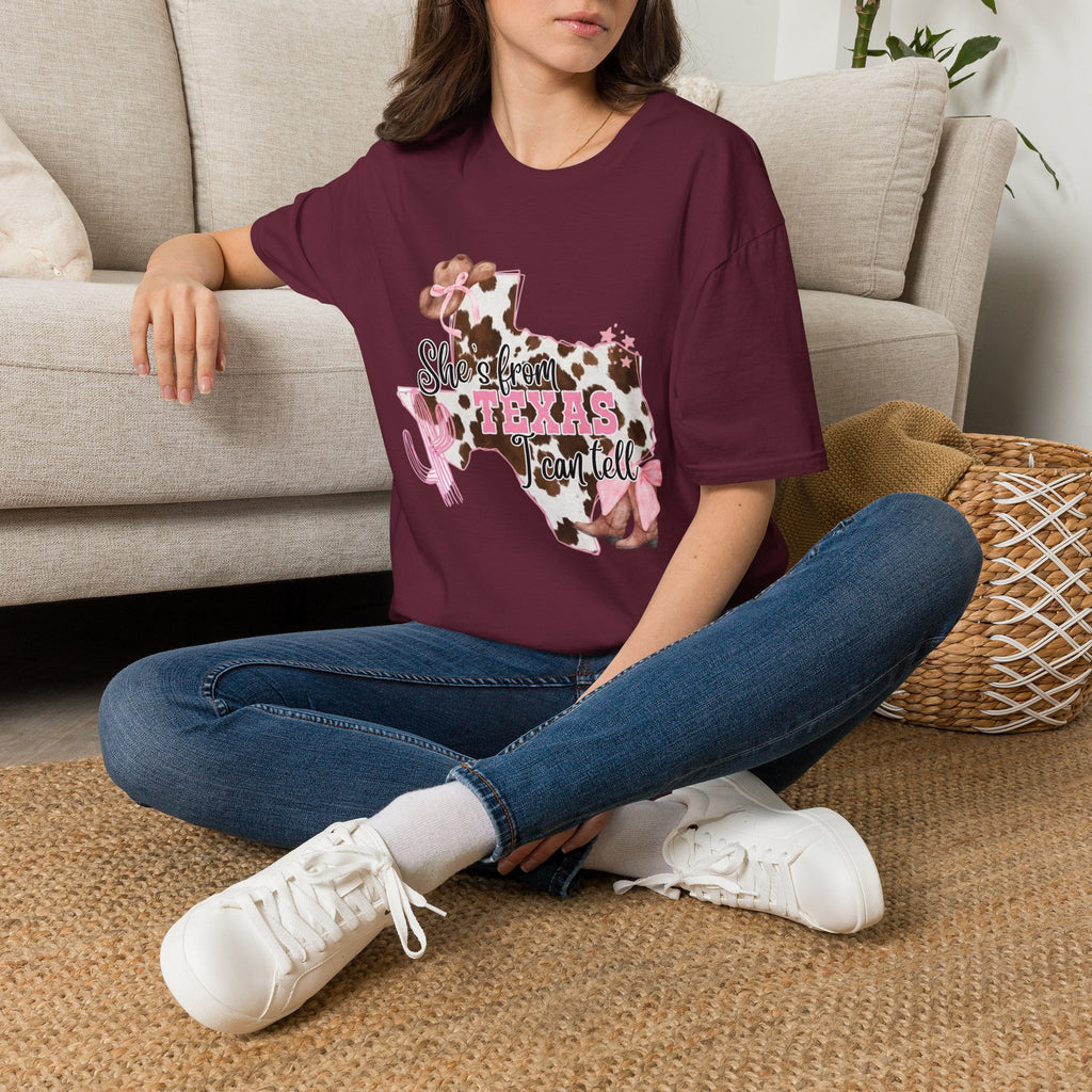 She’s From Texas Cowhide State T-Shirt — Pink Floral Lone Star Tee
