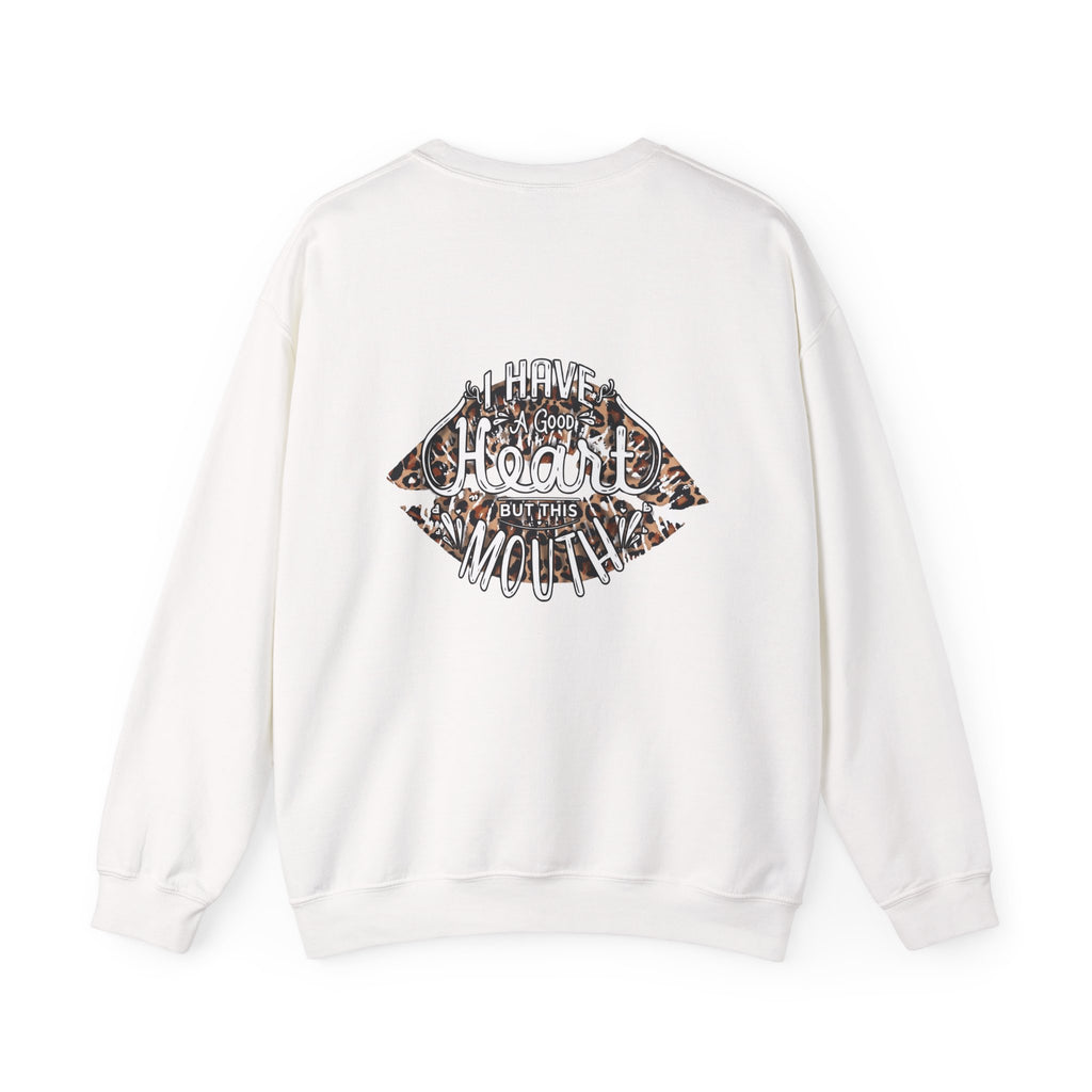 Kiss Graphic Sweatshirt — "I Have a Heart But This Mouth" Lip Print Crewneck