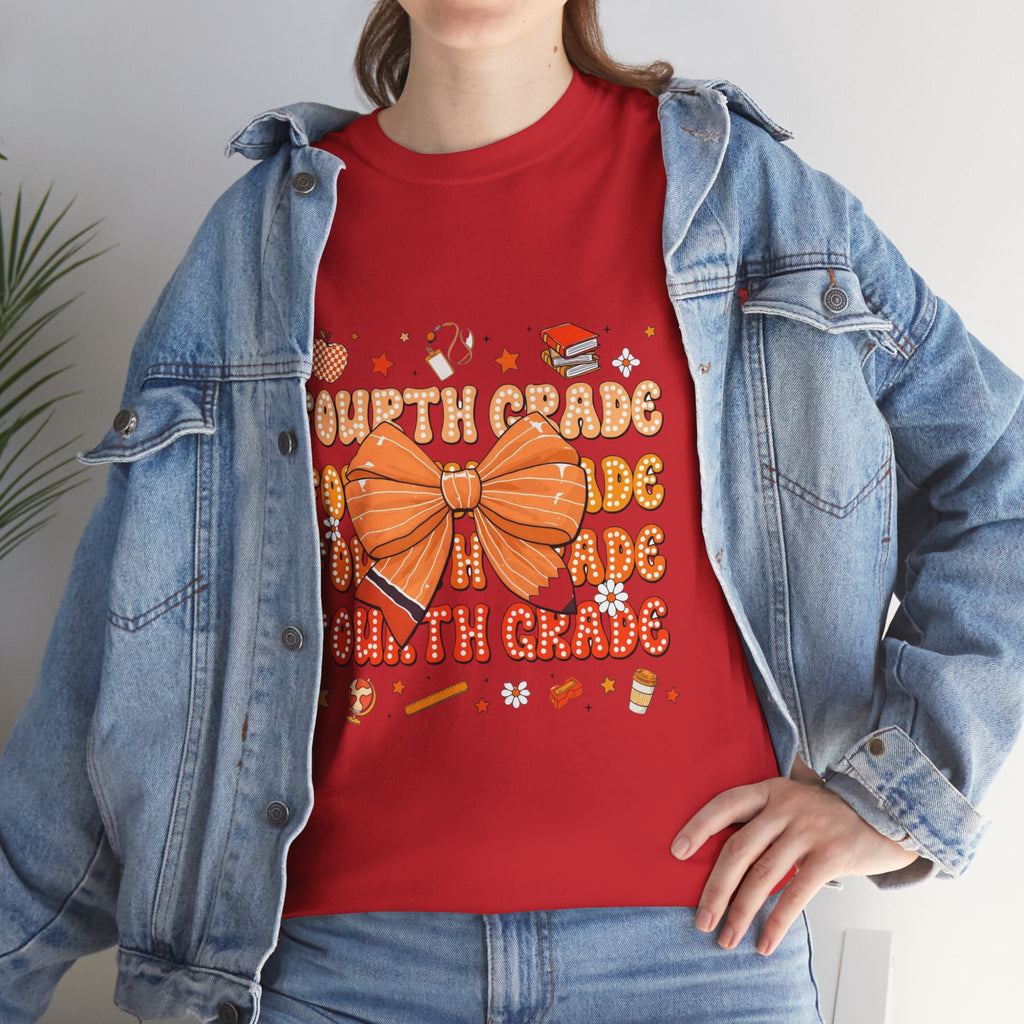 Fourth Grade Bow T-Shirt — Cute Orange School Teacher/Student Tee