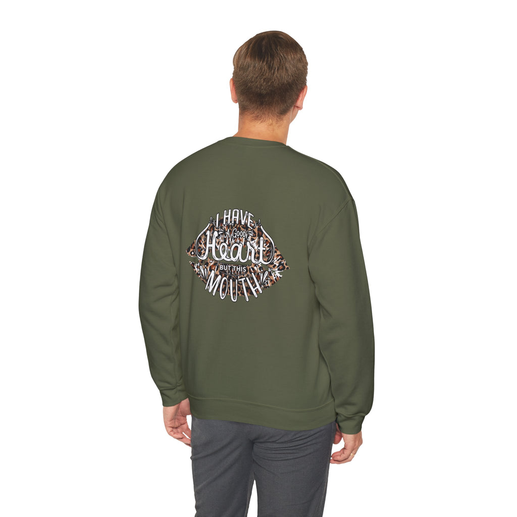 Kiss Graphic Sweatshirt — "I Have a Heart But This Mouth" Lip Print Crewneck