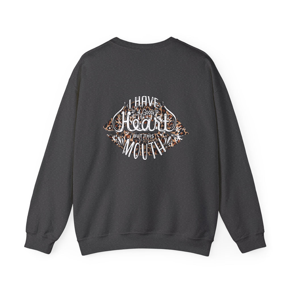 Kiss Graphic Sweatshirt — "I Have a Heart But This Mouth" Lip Print Crewneck