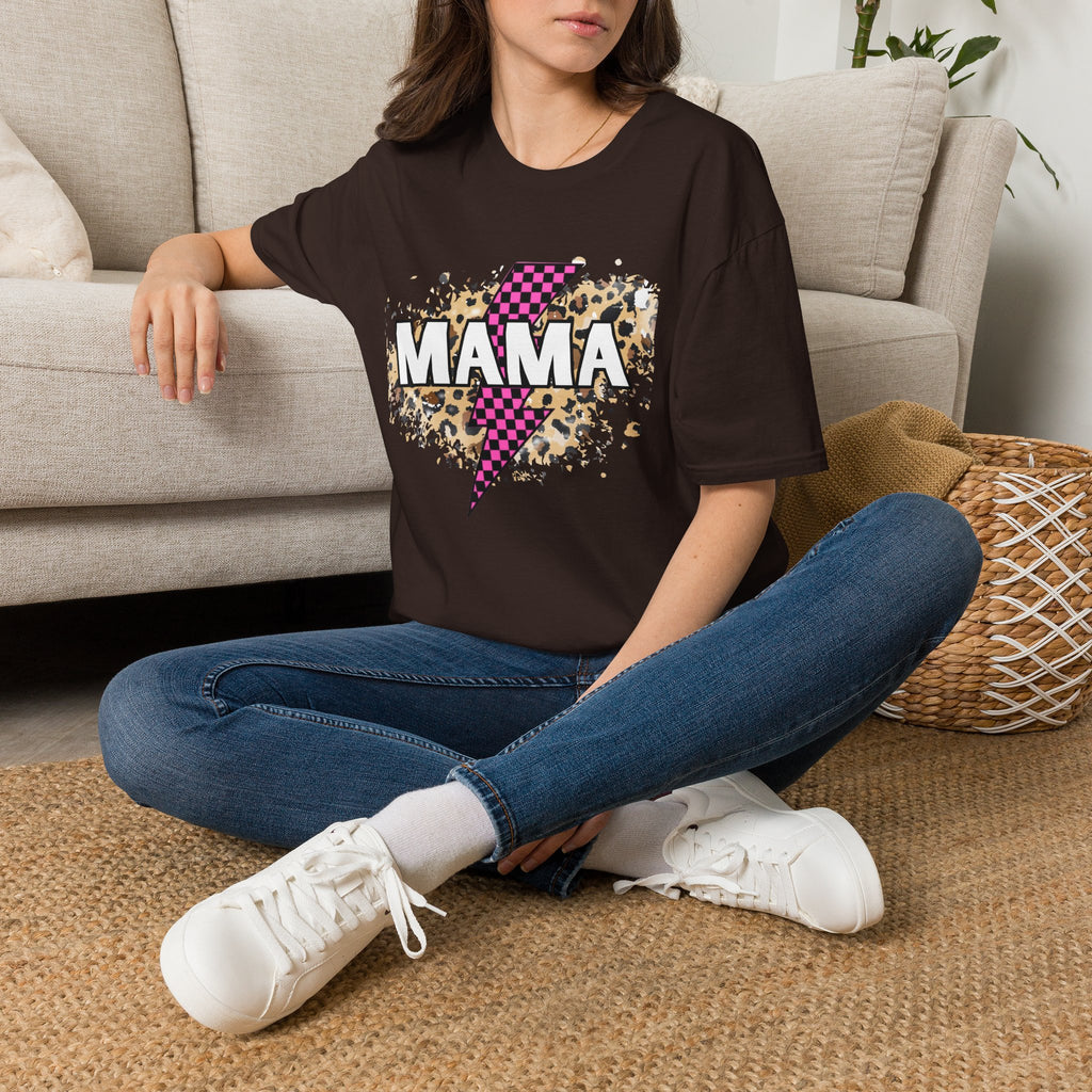 Mama Lightning Bolt Tee — Leopard & Pink Check Graphic T-Shirt for Moms