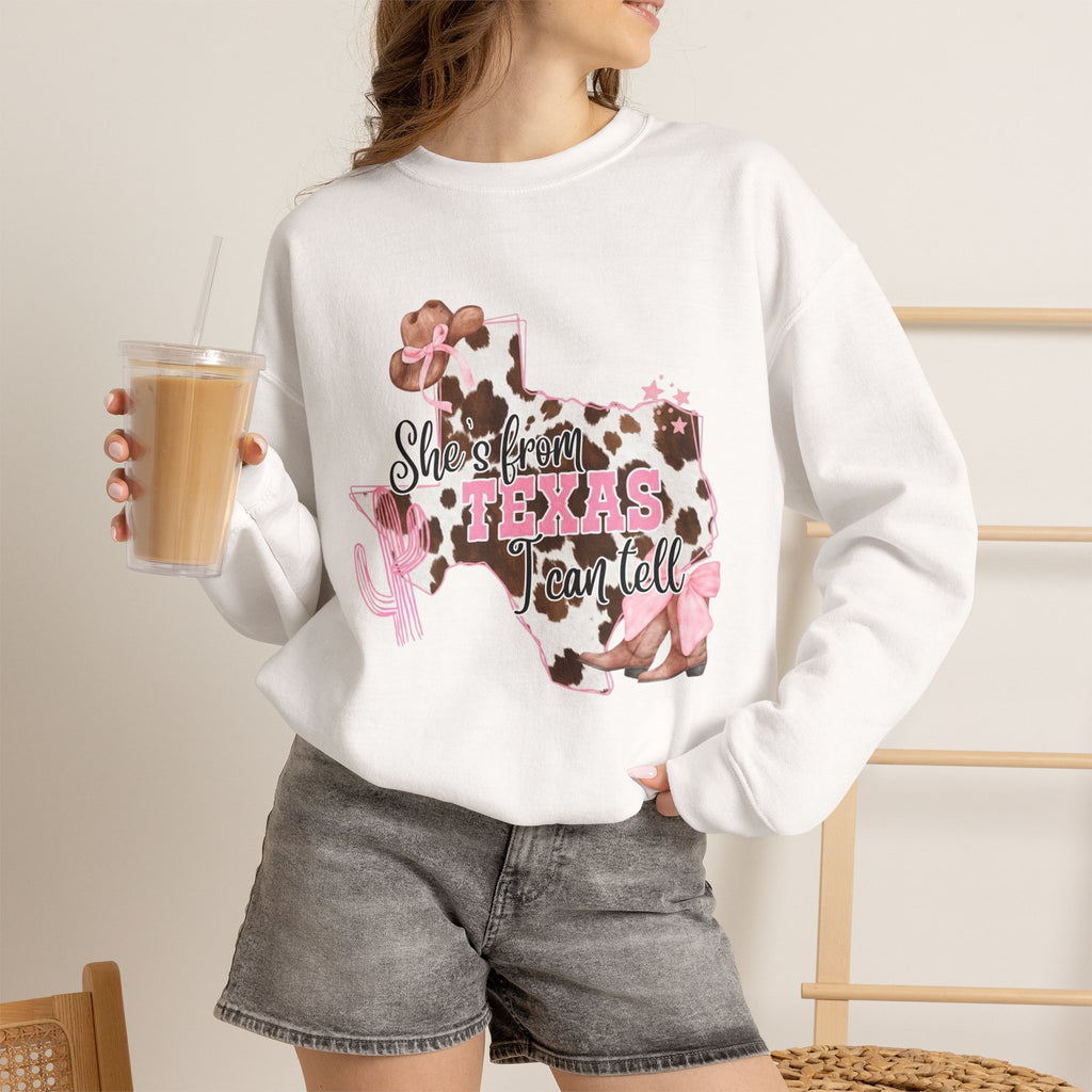 Texas Cowhide Pink Ribbon Sweatshirt - Showin' Texas Y'all Breast Cancer Awareness Crewneck