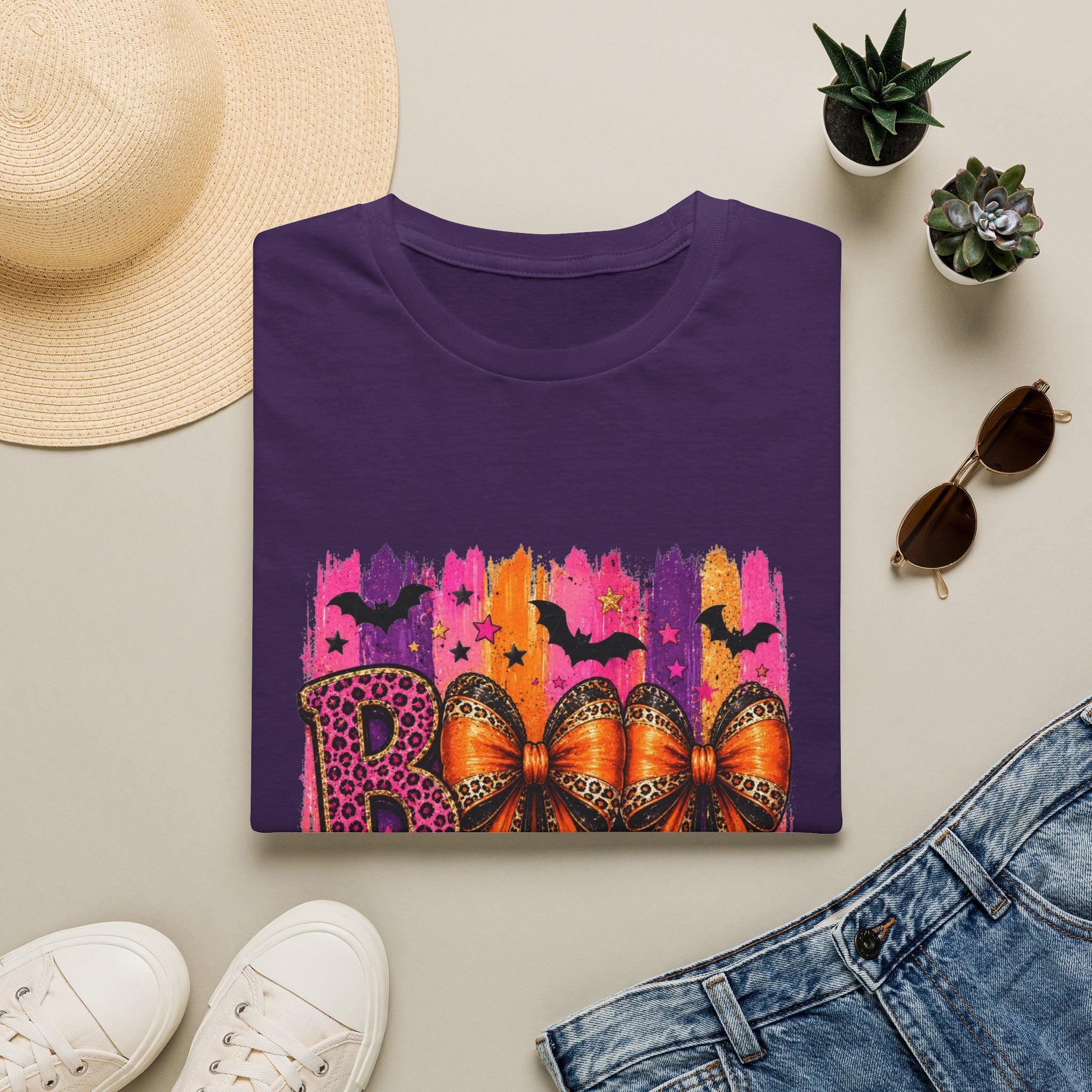 Halloween Bow T-Shirt — 'Boo' Graphic with Leopard & Bat Design