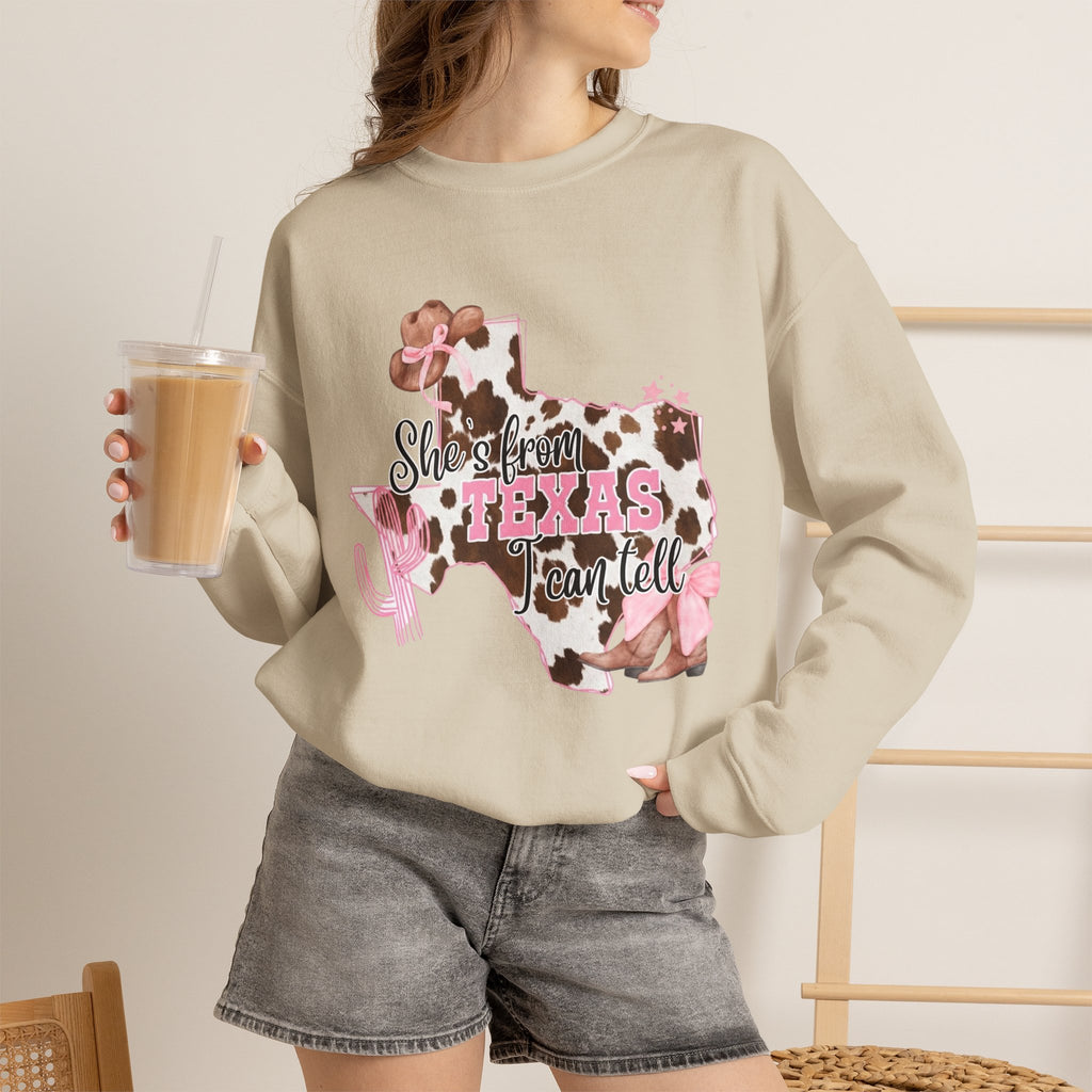 Texas Cowhide Pink Ribbon Sweatshirt - Showin' Texas Y'all Breast Cancer Awareness Crewneck