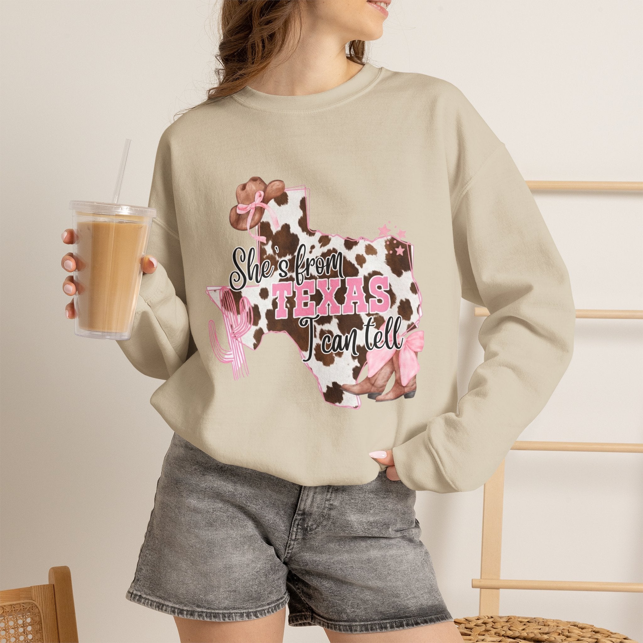 Texas Cowhide Pink Ribbon Sweatshirt - Showin' Texas Y'all Breast Cancer Awareness Crewneck
