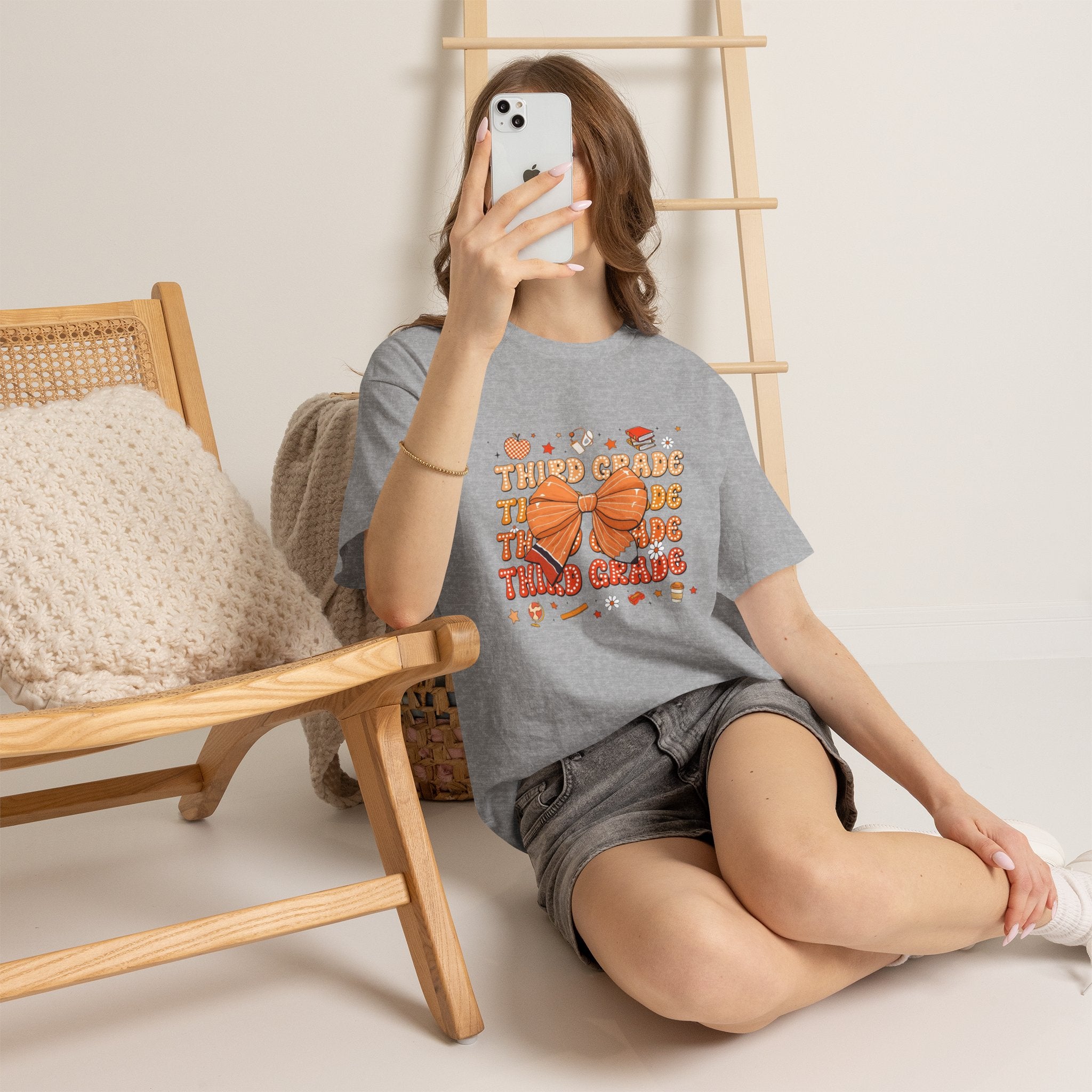 Third Grade Teacher Bow T‑Shirt — Cute Orange Back-to-School Tee