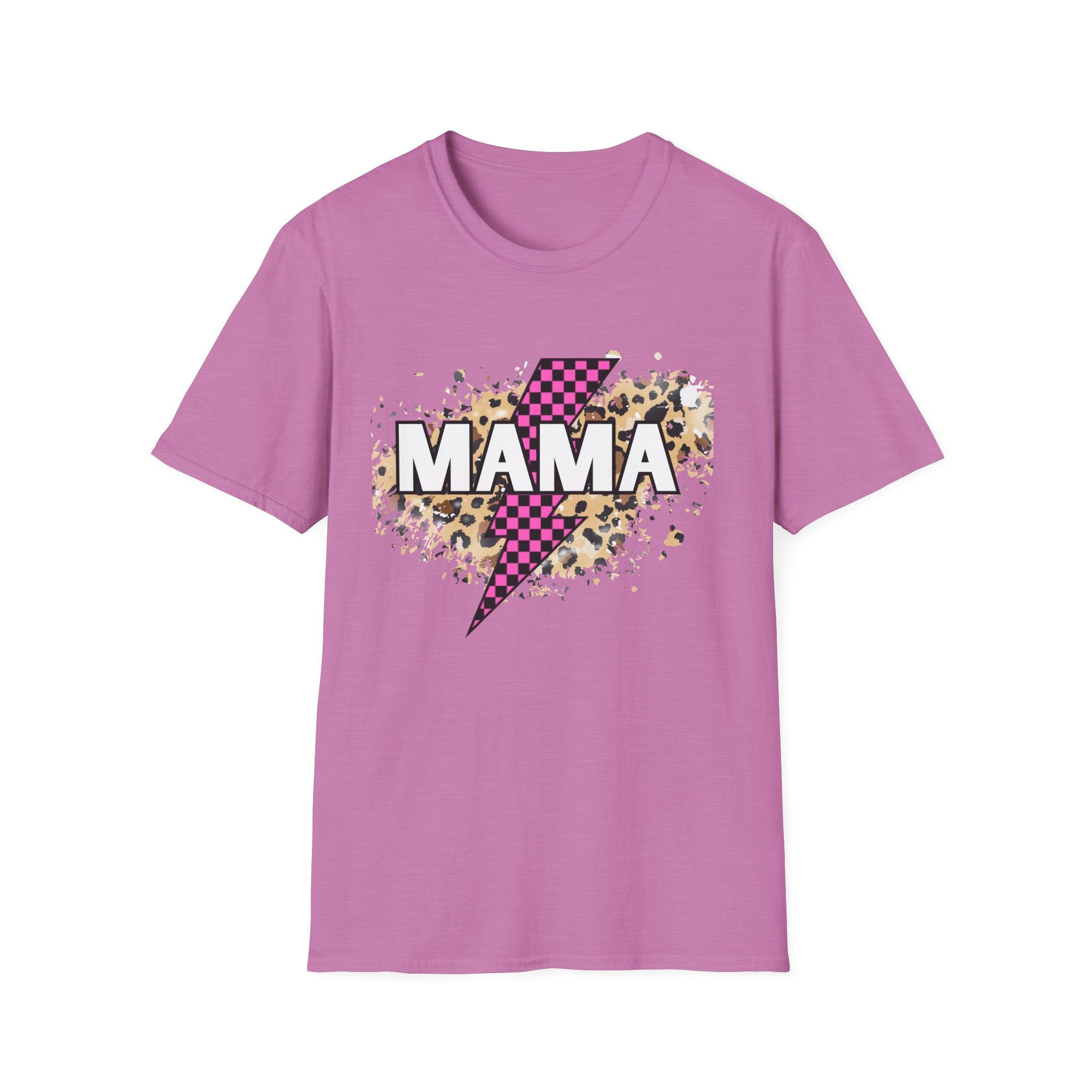 Mama Lightning Bolt Tee — Leopard & Pink Check Graphic T-Shirt for Moms