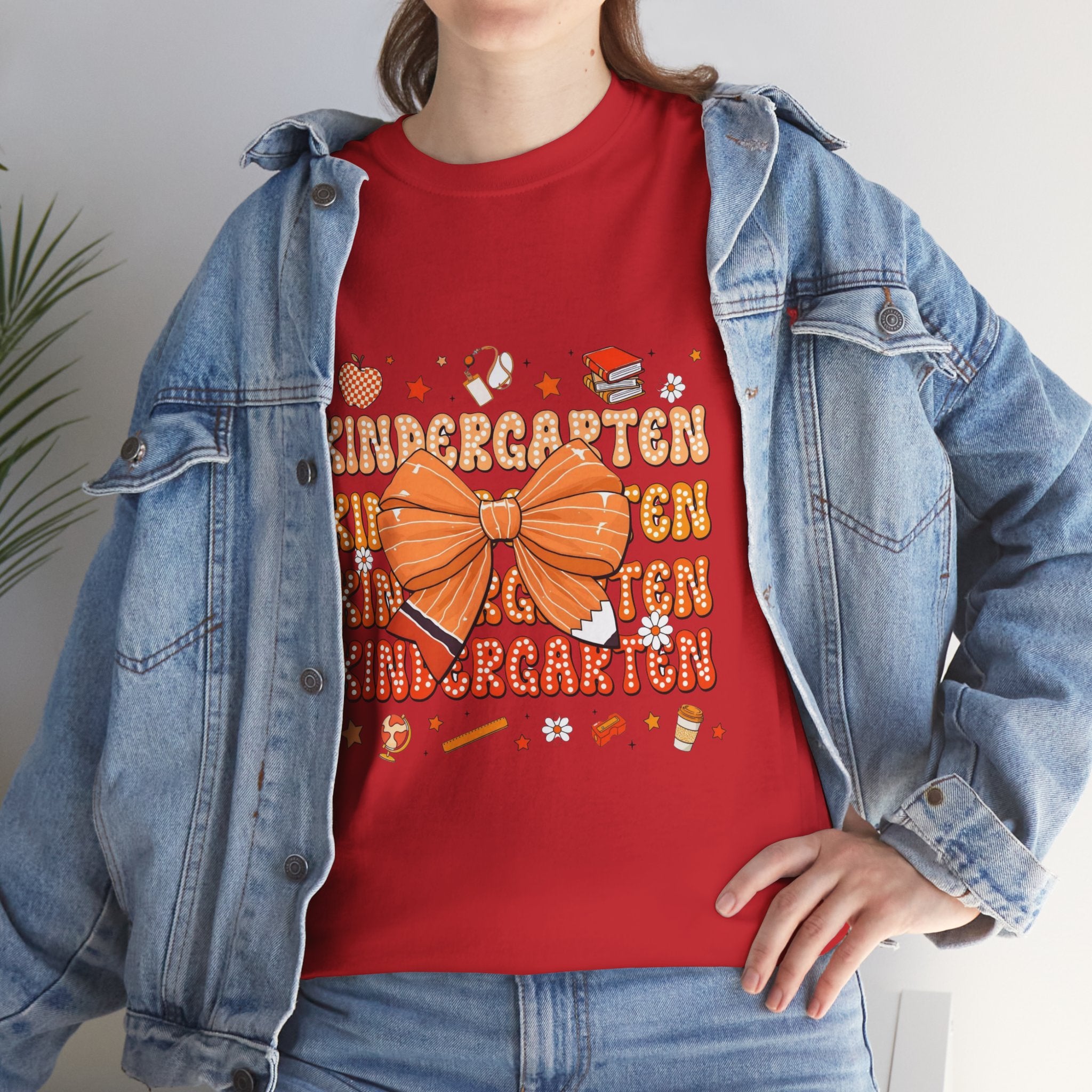 Kindergarten Teacher Bow T-Shirt – Cute Back-to-School Shirt with Orange Bow