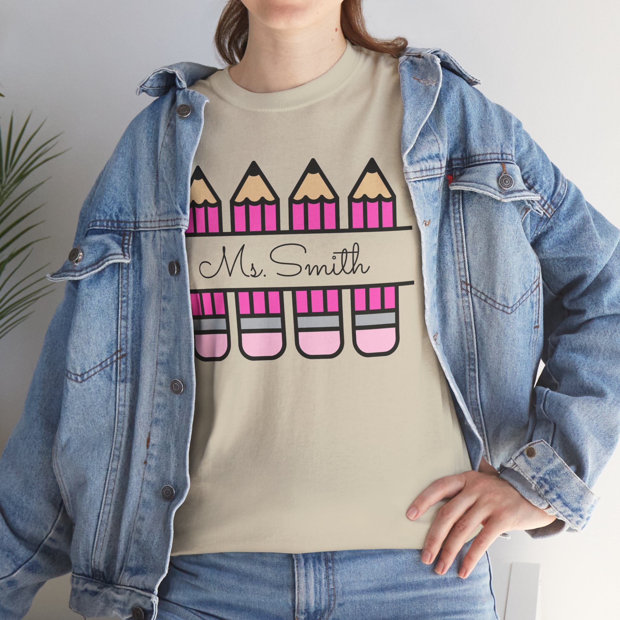 Pink Pencil Name Teacher Tee | Personalized Classroom Shirt