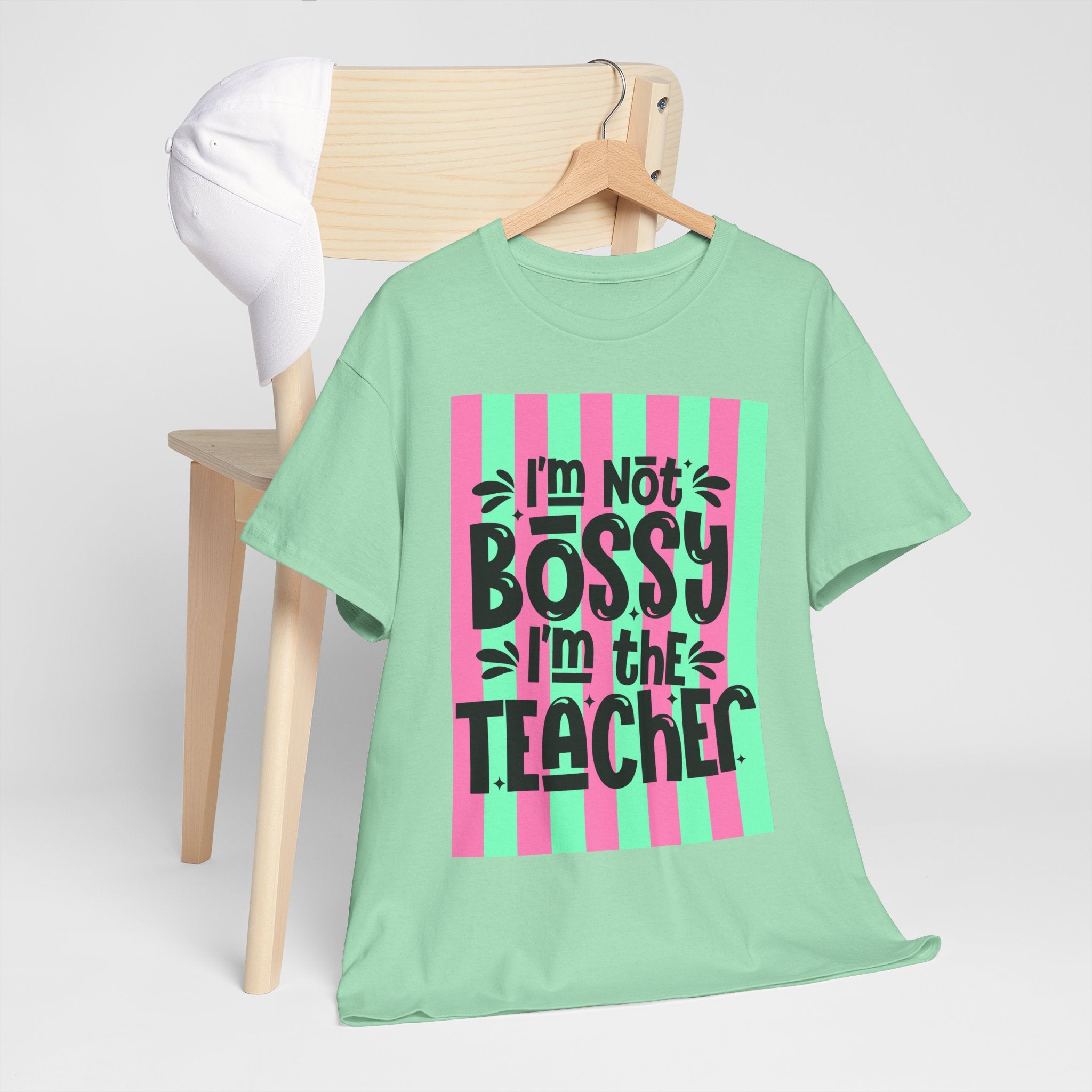 Teacher T-Shirt — "I’m Not Bossy, I’m the Teacher" Striped Pink & Mint Design