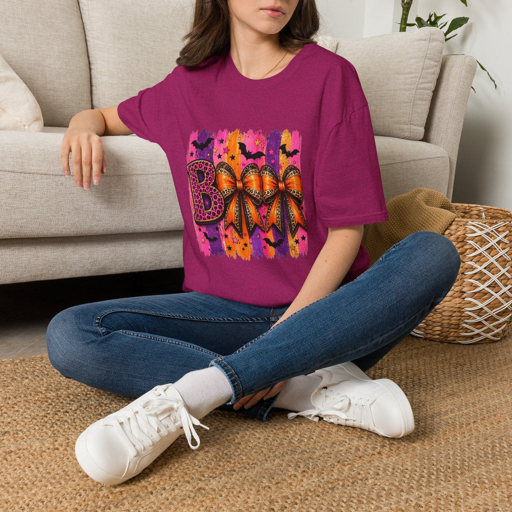 Halloween Bow T-Shirt — 'Boo' Graphic with Leopard & Bat Design