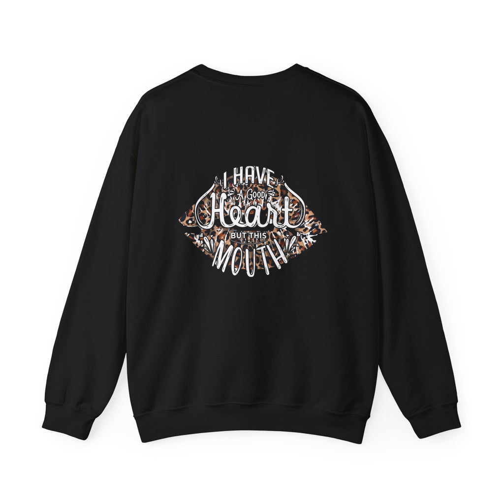 Kiss Graphic Sweatshirt — "I Have a Heart But This Mouth" Lip Print Crewneck