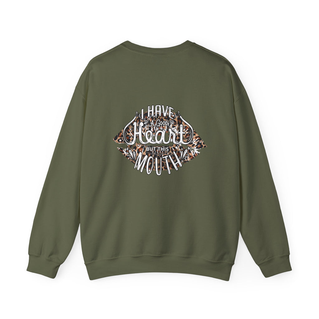 Kiss Graphic Sweatshirt — "I Have a Heart But This Mouth" Lip Print Crewneck