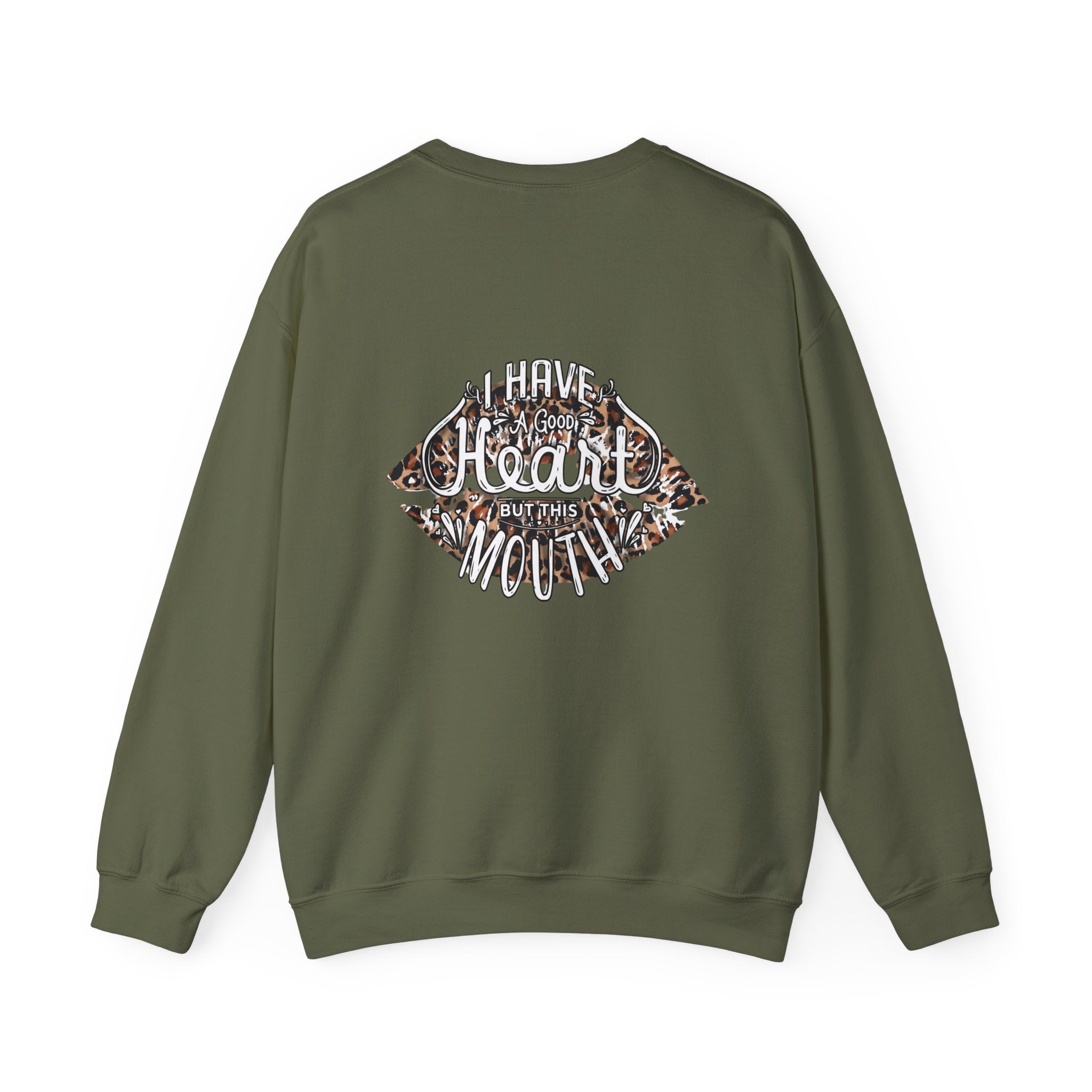 Kiss Graphic Sweatshirt — "I Have a Heart But This Mouth" Lip Print Crewneck