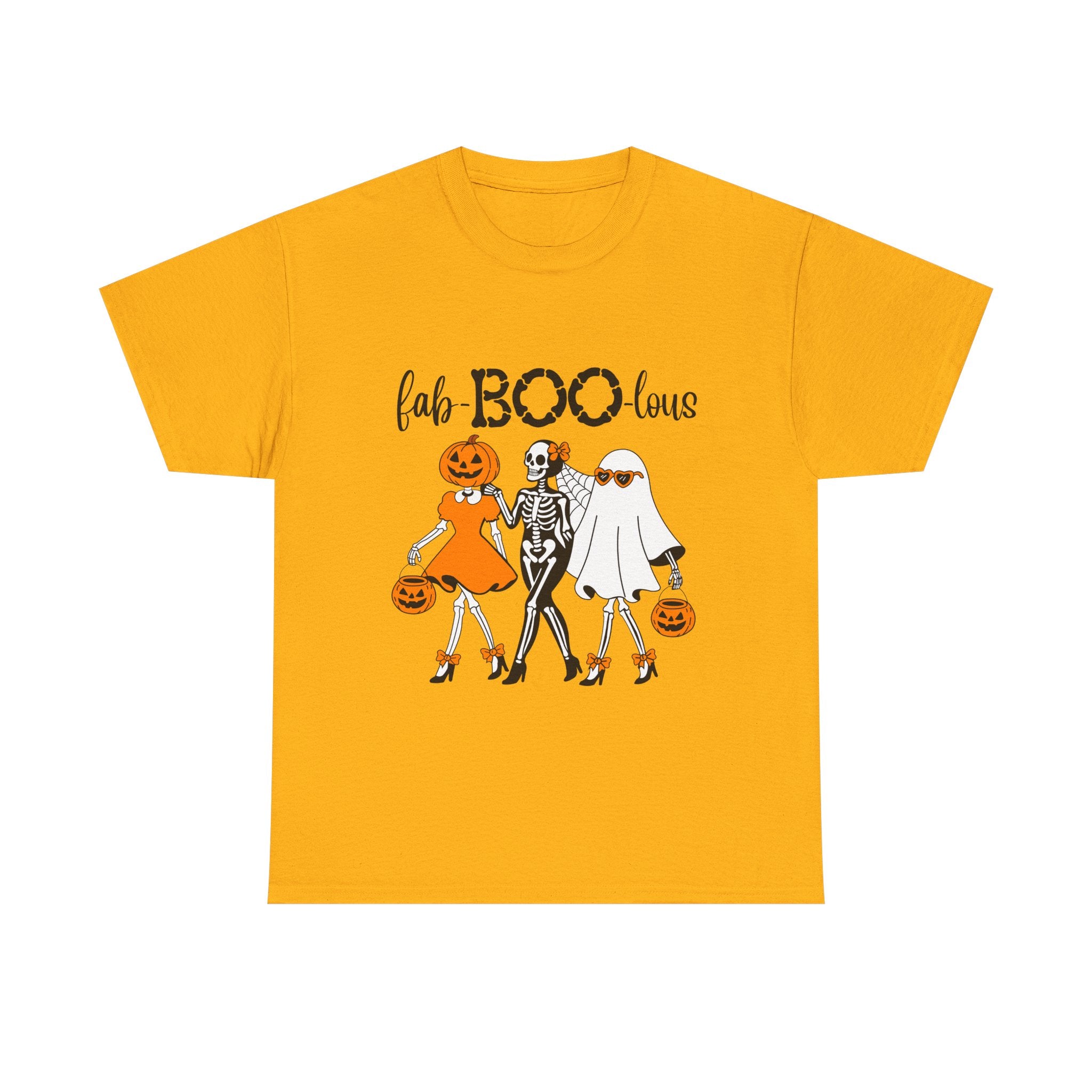 Fab-BOO-lous Halloween Tee — Cute Skeleton, Pumpkin & Ghost Trio Shirt