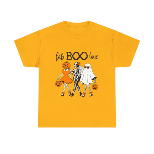 Fab-BOO-lous Halloween Tee — Cute Skeleton, Pumpkin & Ghost Trio Shirt