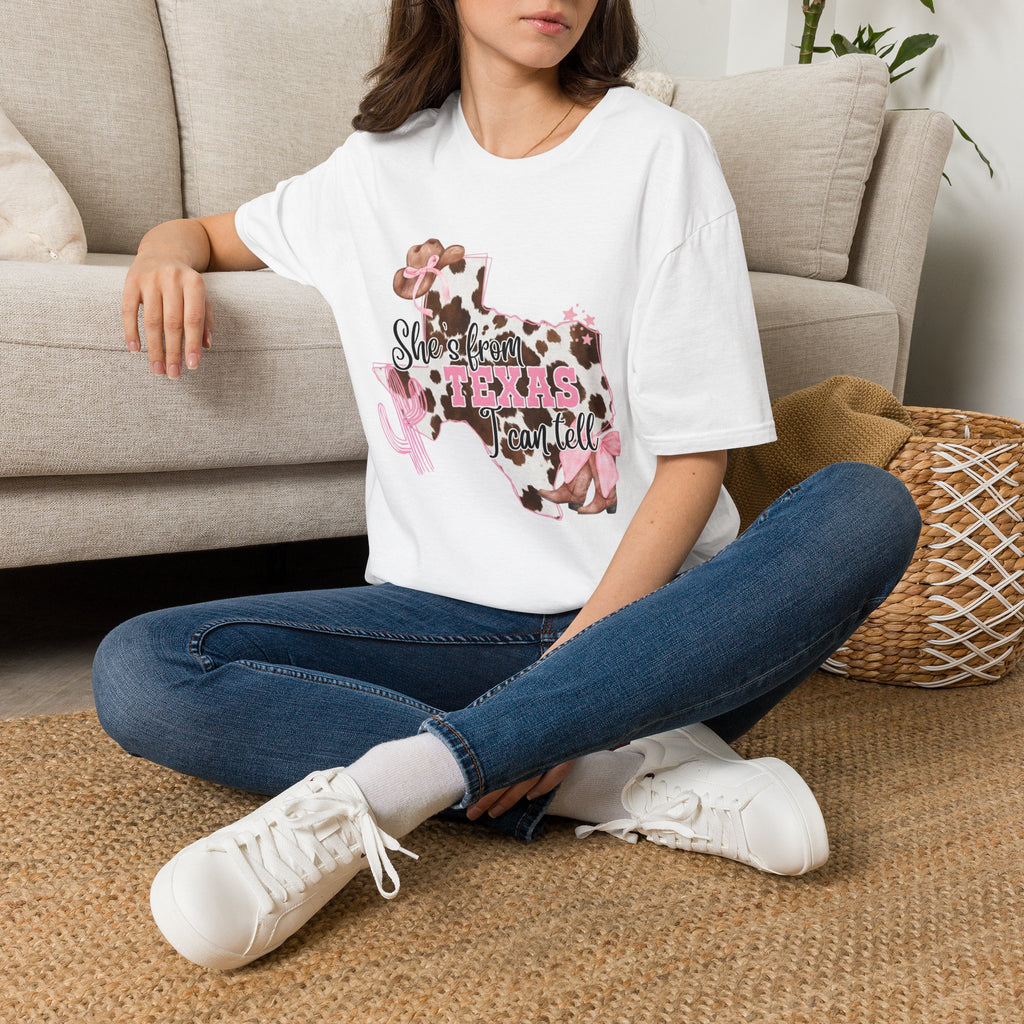 She’s From Texas Cowhide State T-Shirt — Pink Floral Lone Star Tee