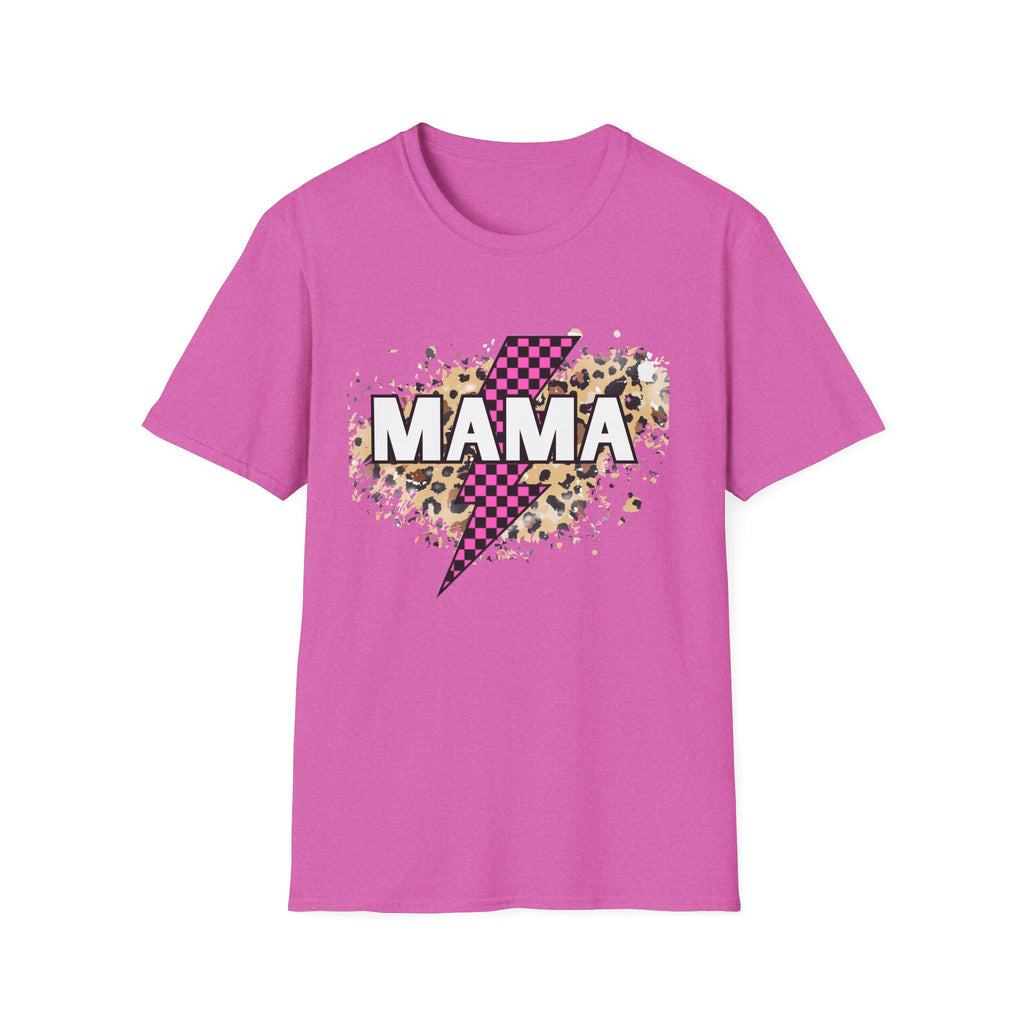 Mama Lightning Bolt Tee — Leopard & Pink Check Graphic T-Shirt for Moms