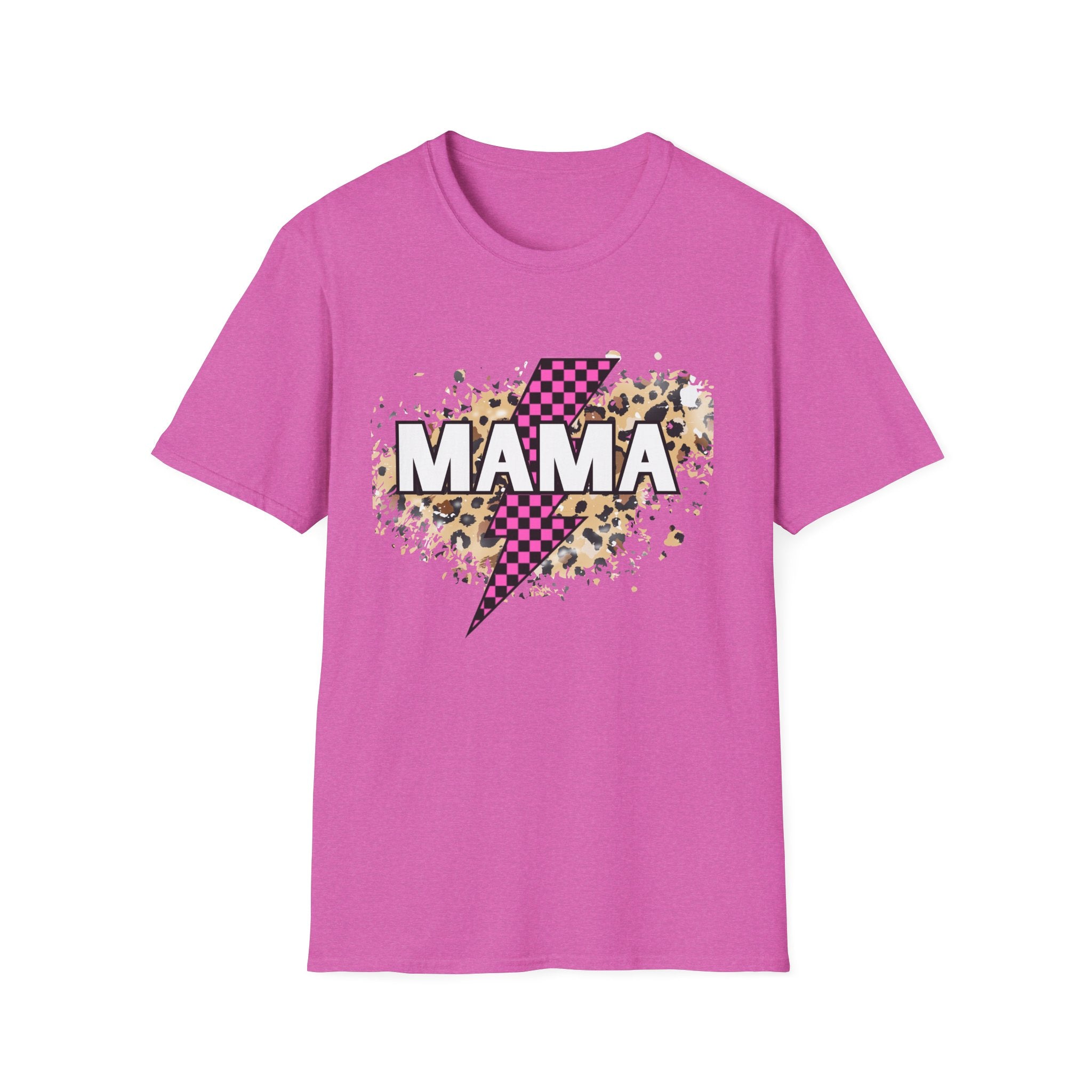 Mama Lightning Bolt Tee — Leopard & Pink Check Graphic T-Shirt for Moms