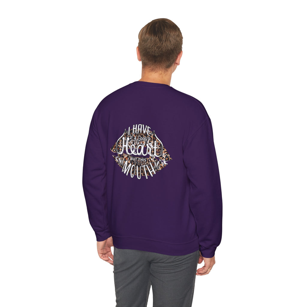 Kiss Graphic Sweatshirt — "I Have a Heart But This Mouth" Lip Print Crewneck