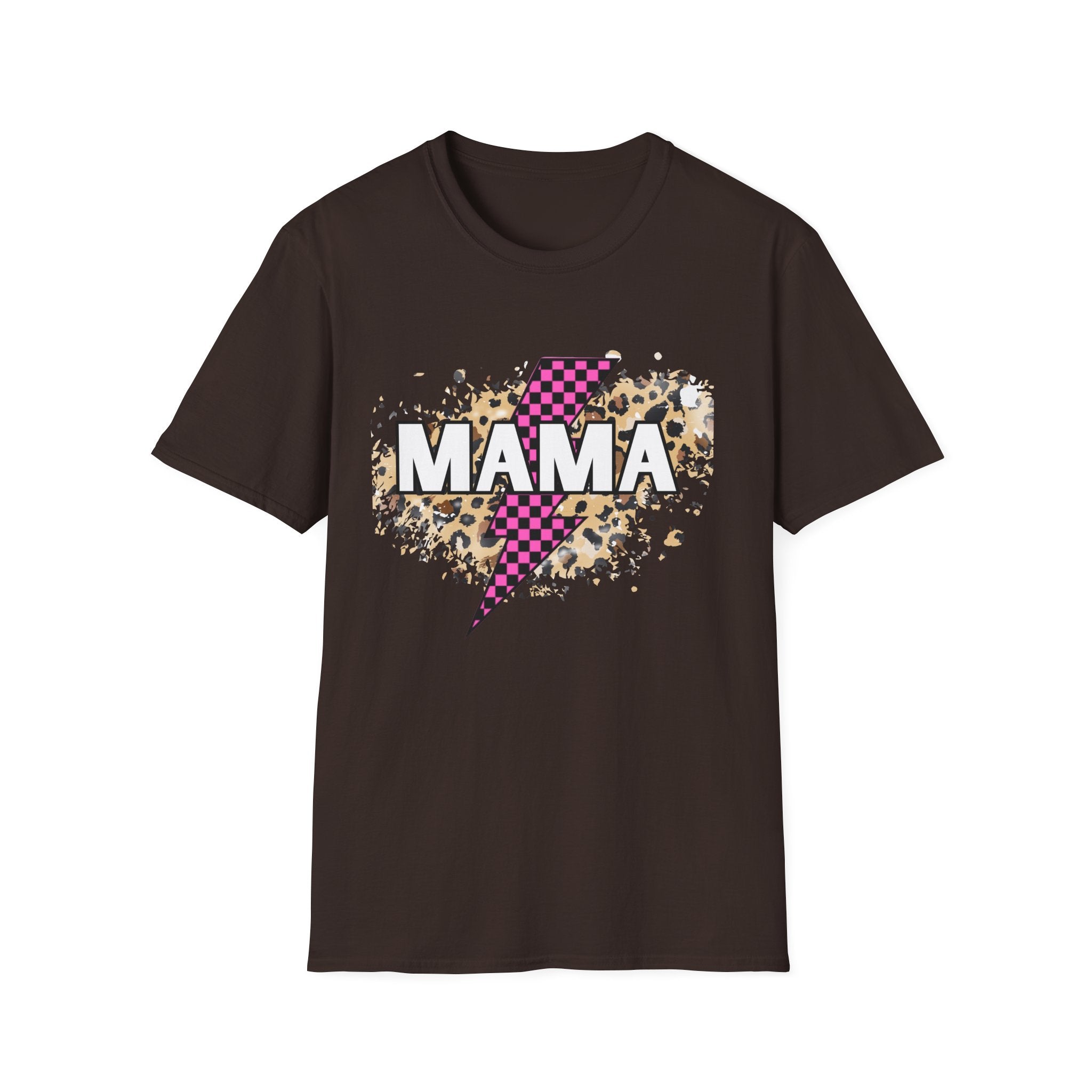 Mama Lightning Bolt Tee — Leopard & Pink Check Graphic T-Shirt for Moms