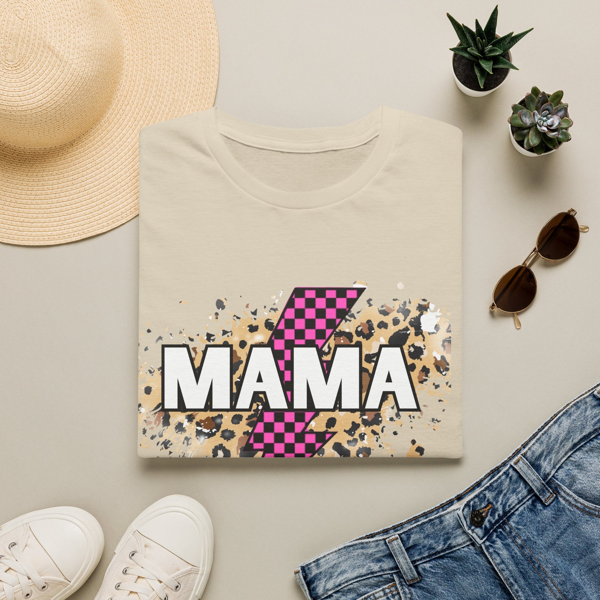 Mama Lightning Bolt Tee — Leopard & Pink Check Graphic T-Shirt for Moms