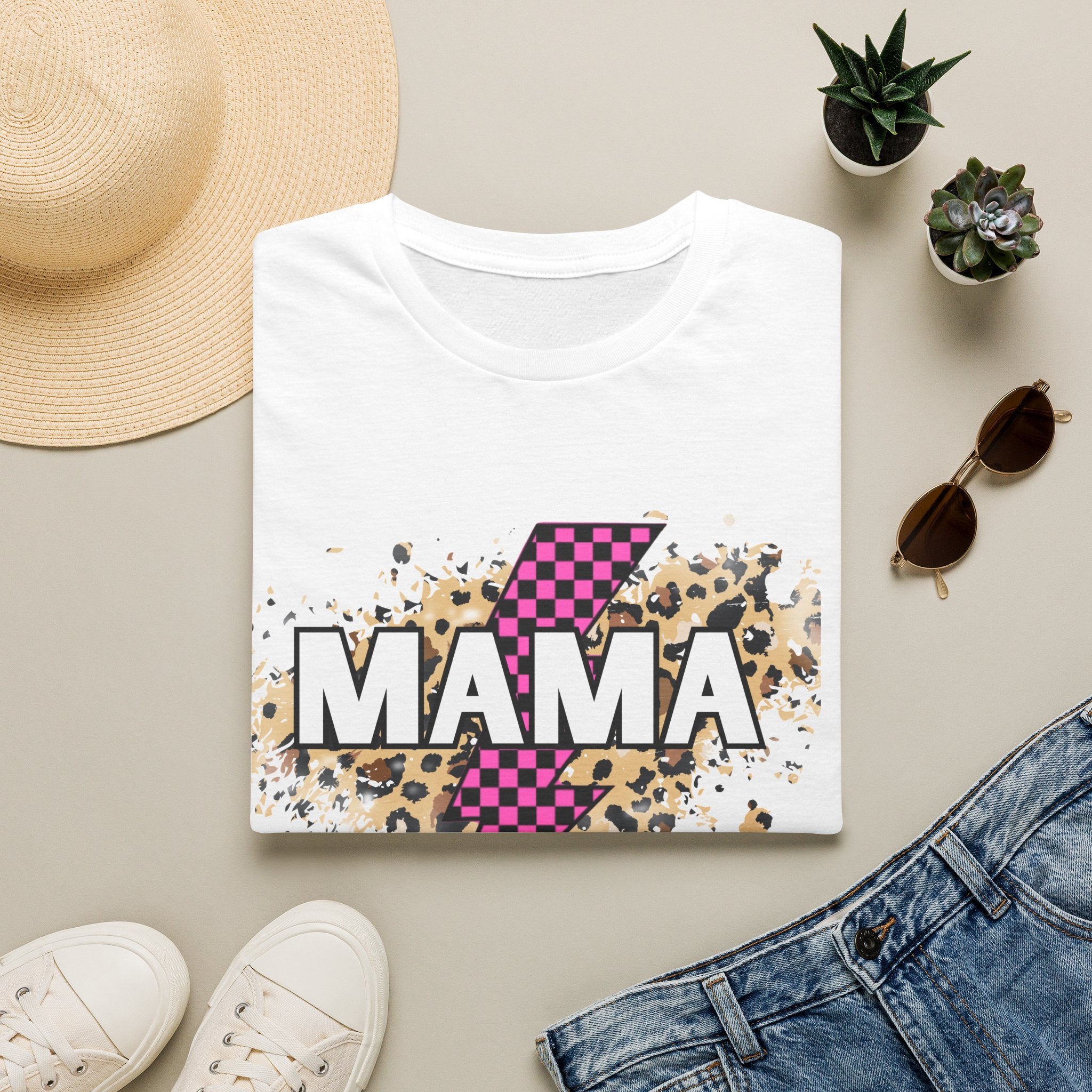 Mama Lightning Bolt Tee — Leopard & Pink Check Graphic T-Shirt for Moms