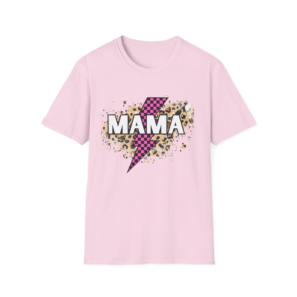 Mama Lightning Bolt Tee — Leopard & Pink Check Graphic T-Shirt for Moms