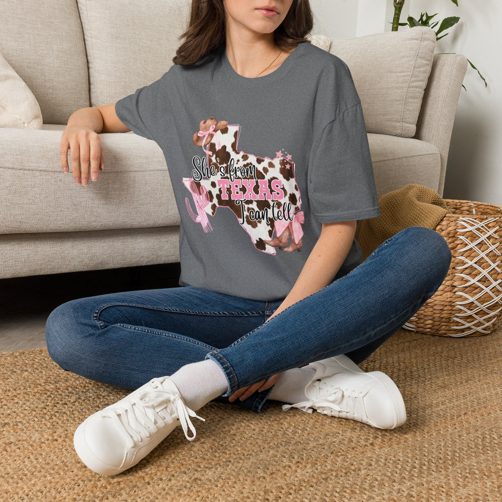She’s From Texas Cowhide State T-Shirt — Pink Floral Lone Star Tee