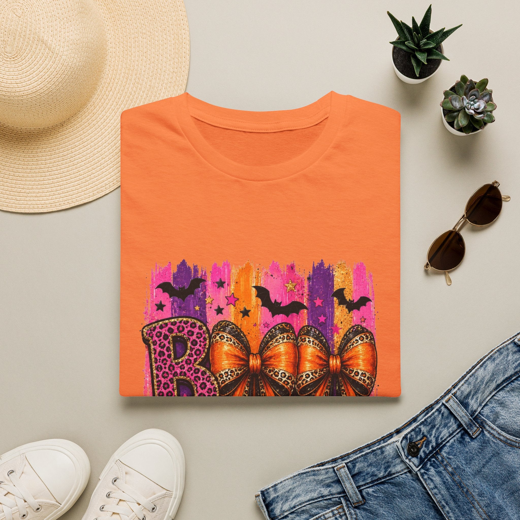 Halloween Bow T-Shirt — 'Boo' Graphic with Leopard & Bat Design