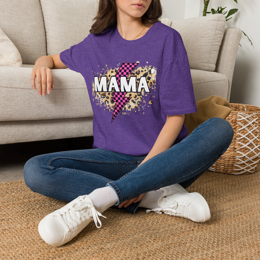Mama Lightning Bolt Tee — Leopard & Pink Check Graphic T-Shirt for Moms