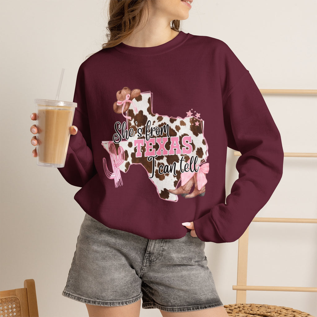 Texas Cowhide Pink Ribbon Sweatshirt - Showin' Texas Y'all Breast Cancer Awareness Crewneck