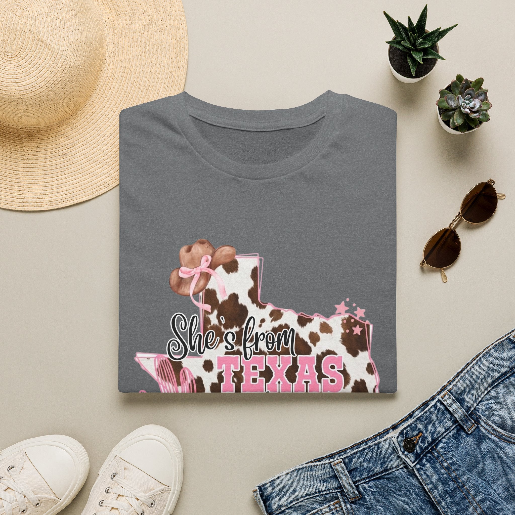 She’s From Texas Cowhide State T-Shirt — Pink Floral Lone Star Tee