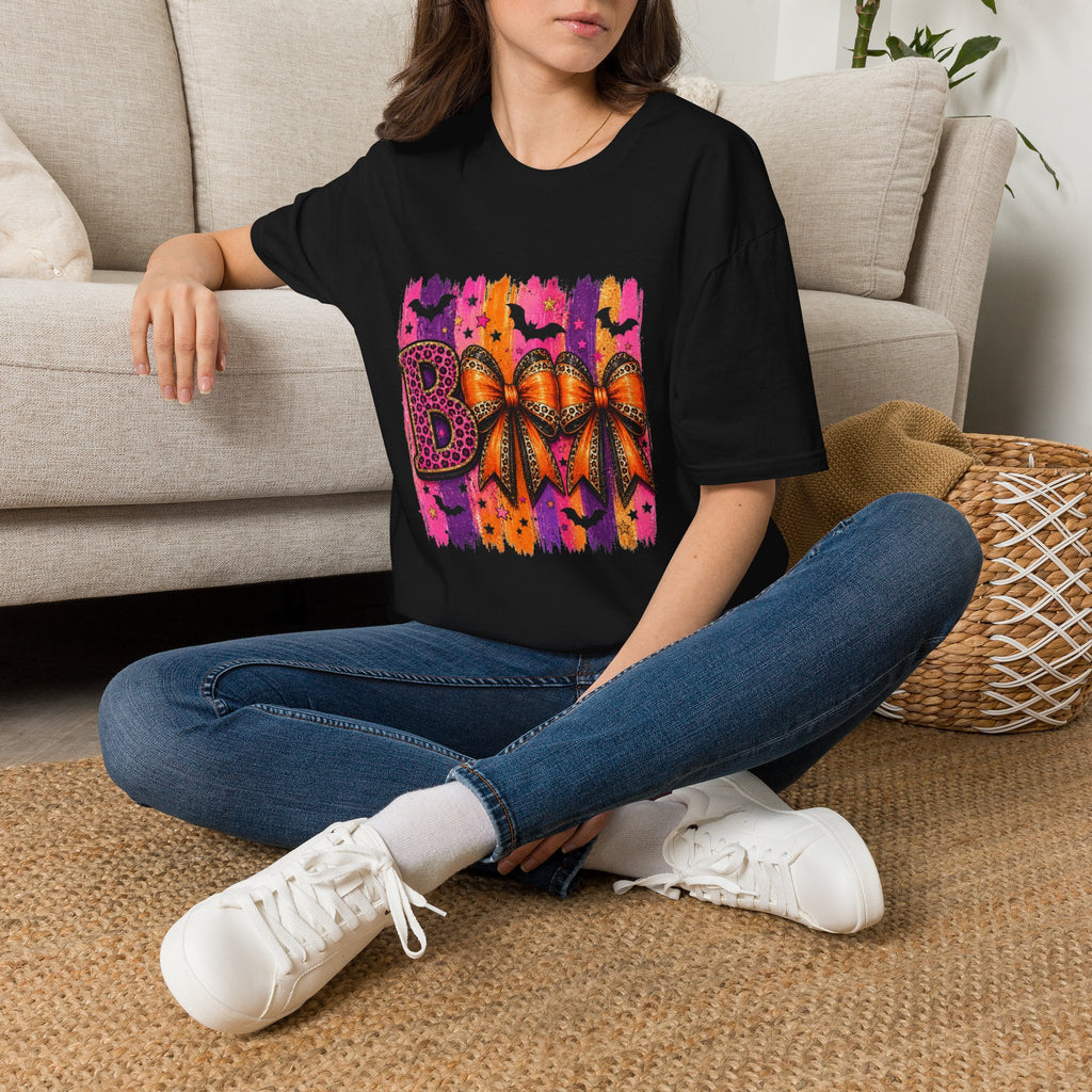 Halloween Bow T-Shirt — 'Boo' Graphic with Leopard & Bat Design