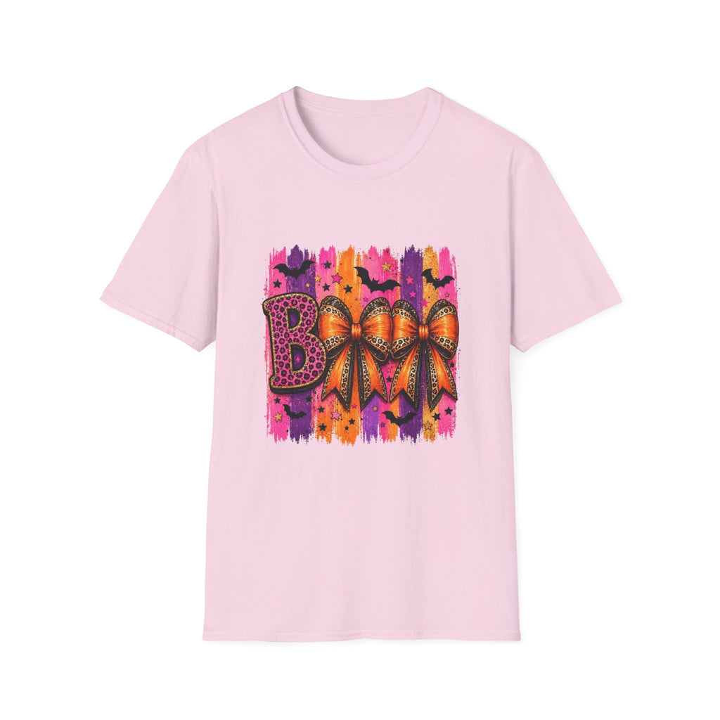Halloween Bow T-Shirt — 'Boo' Graphic with Leopard & Bat Design