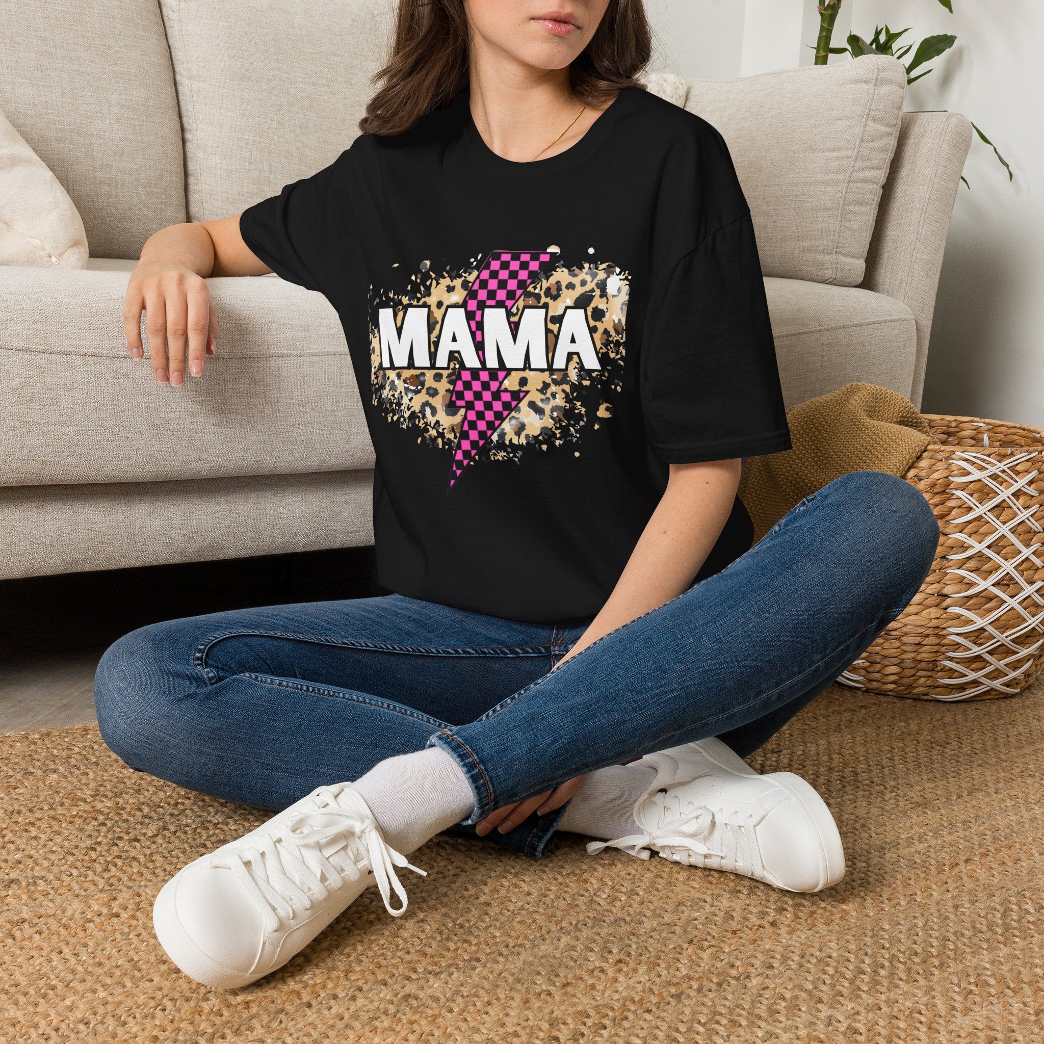 Mama Lightning Bolt Tee — Leopard & Pink Check Graphic T-Shirt for Moms