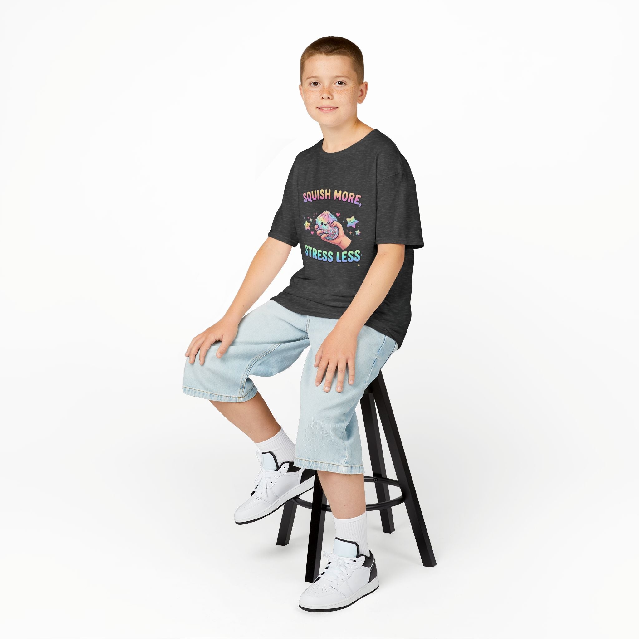 Kids Tee — "Squish More, Stress Less" Cute Rainbow Squishy Stress-Relief Shirt